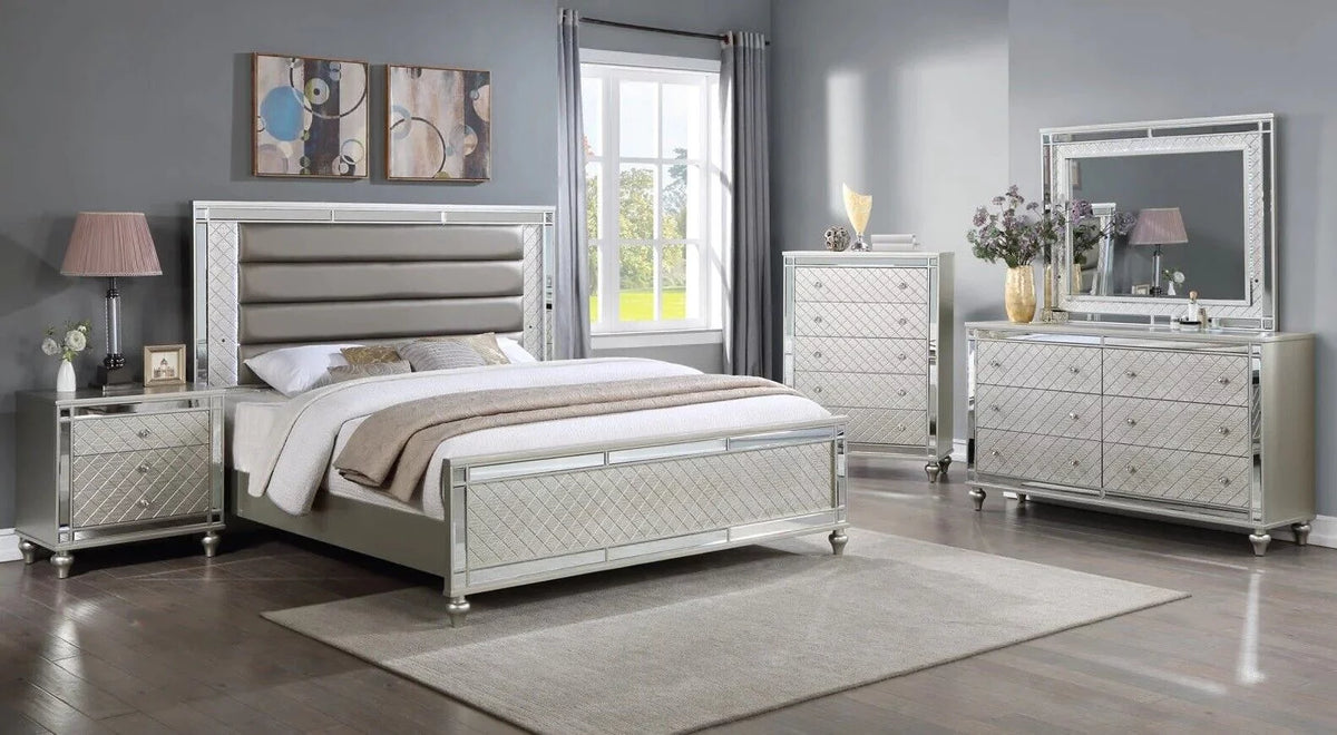 4pc King Size Upholstery LED Bed Dresser Mirror Nightstand Wooden Furniture Set P52300