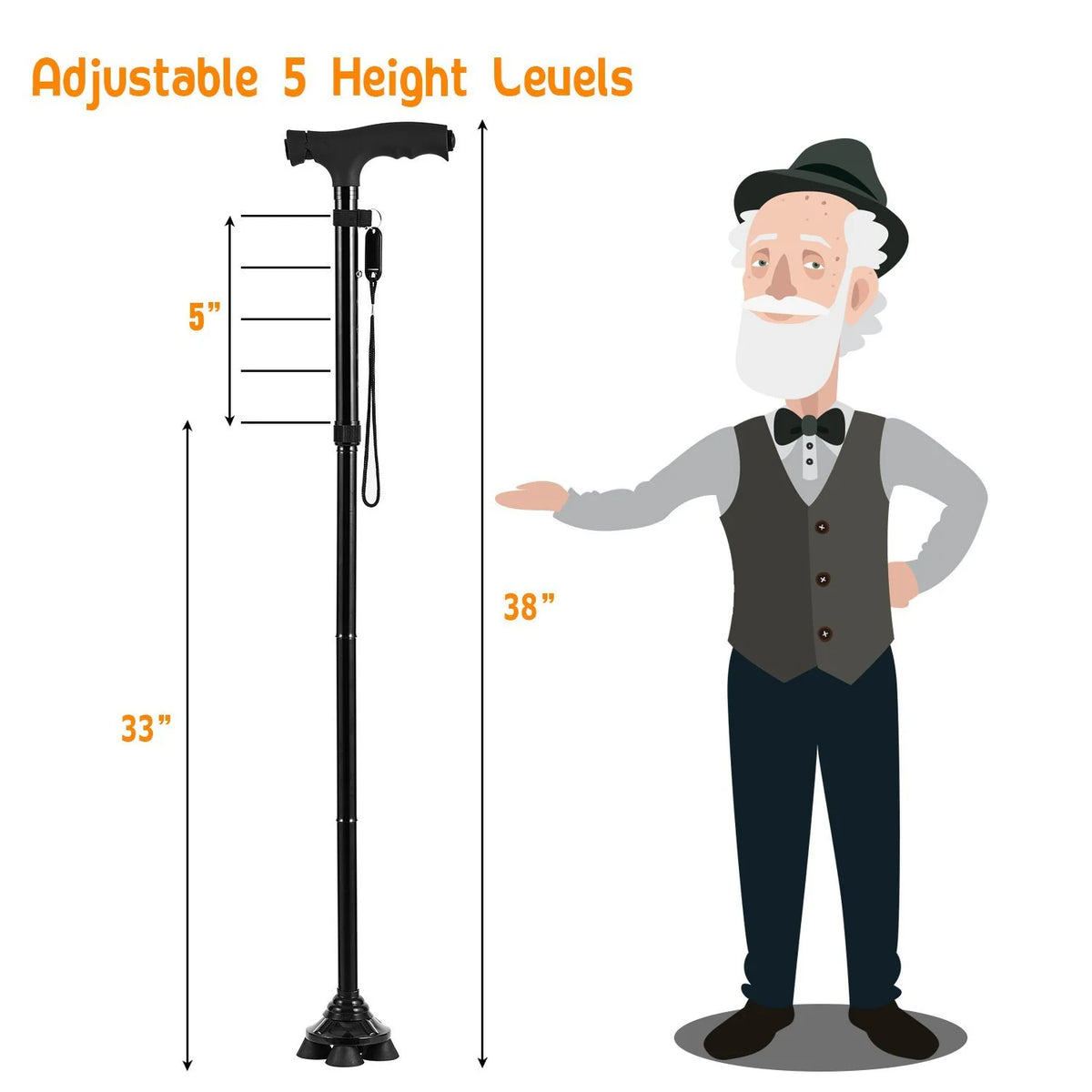 Folding Adjustable Cane with LED Light and Cushion T Handle C84639