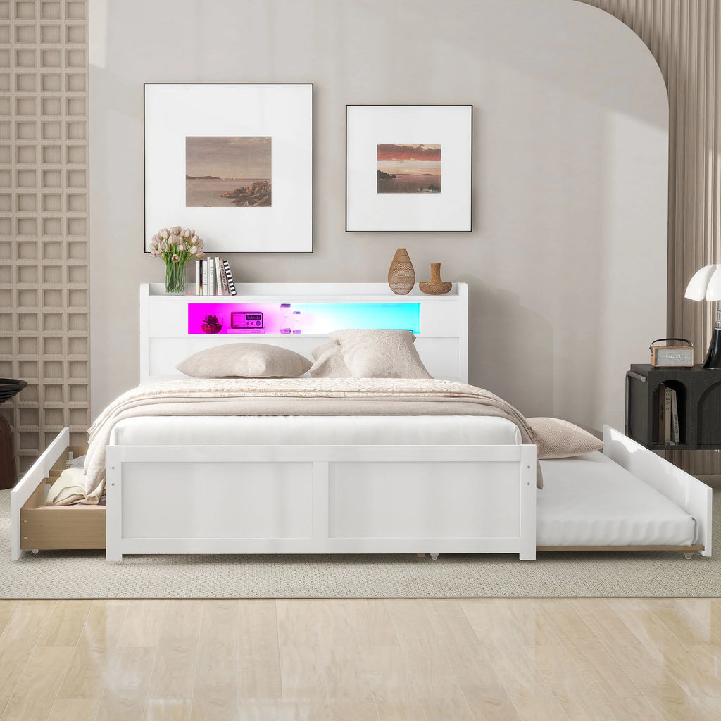 Queen Size White Wood Storage Platform Bed with 2 Drawers and Trundle L789197