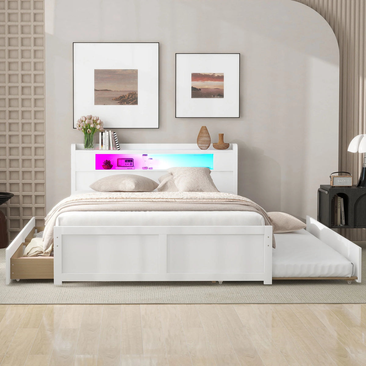 Queen Size White Wood Storage Platform Bed with 2 Drawers and Trundle L789197
