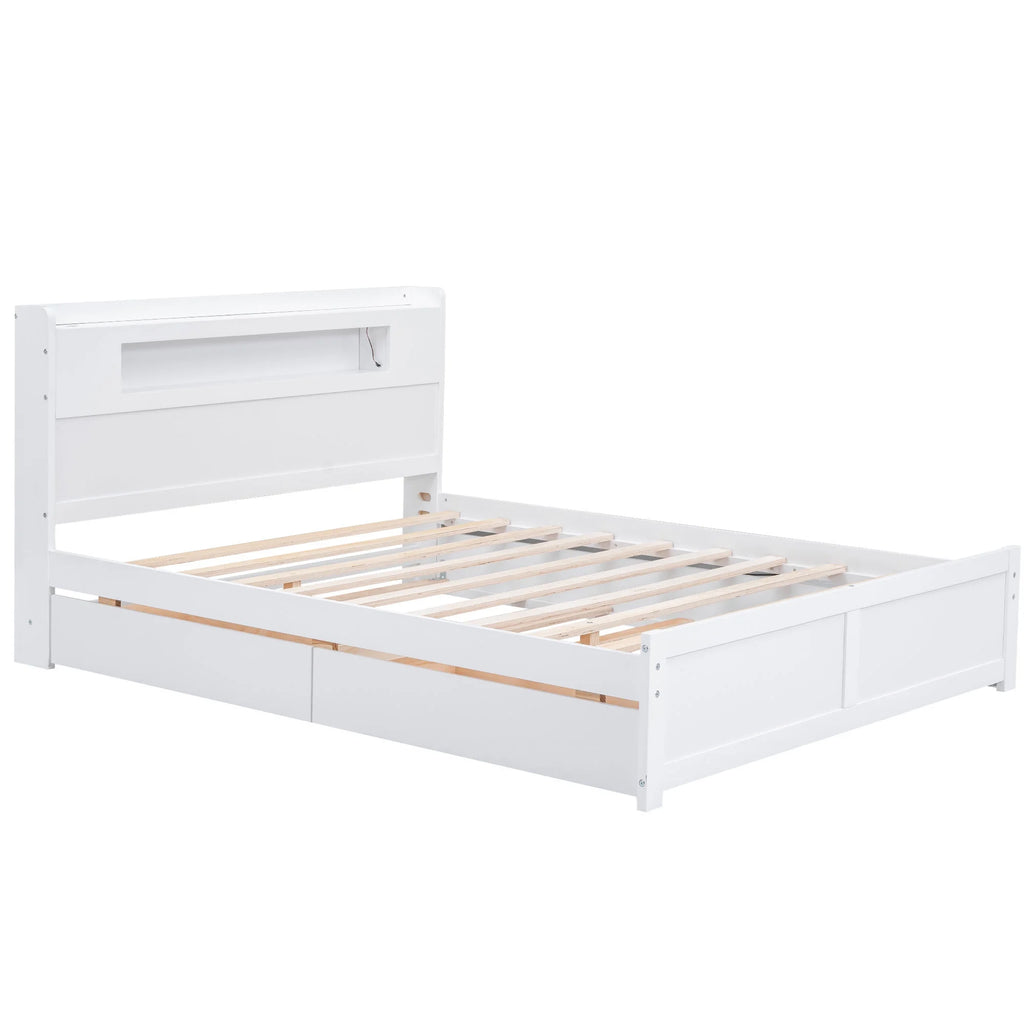 Queen Size White Wood Storage Platform Bed with 2 Drawers and Trundle L789197