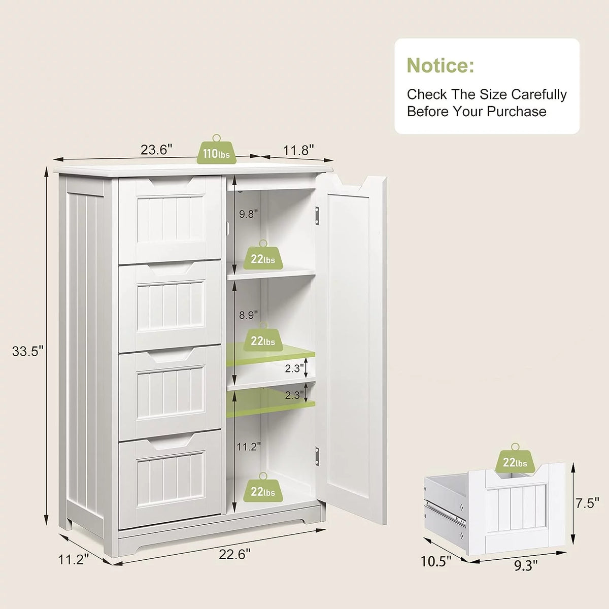 White 33" Wooden Storage Cabinet with 4 Drawers R33260