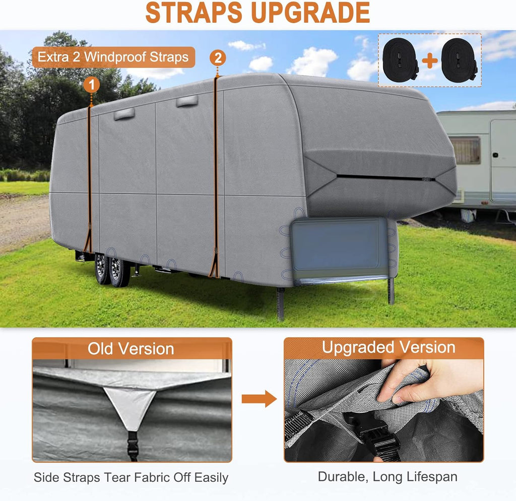6 Layers Top 5th Wheel RV Cover Anti-UV Camper Cover Breathable Rip-Stop with 2Pcs Extra Straps & Gutter Spout Covers G888
