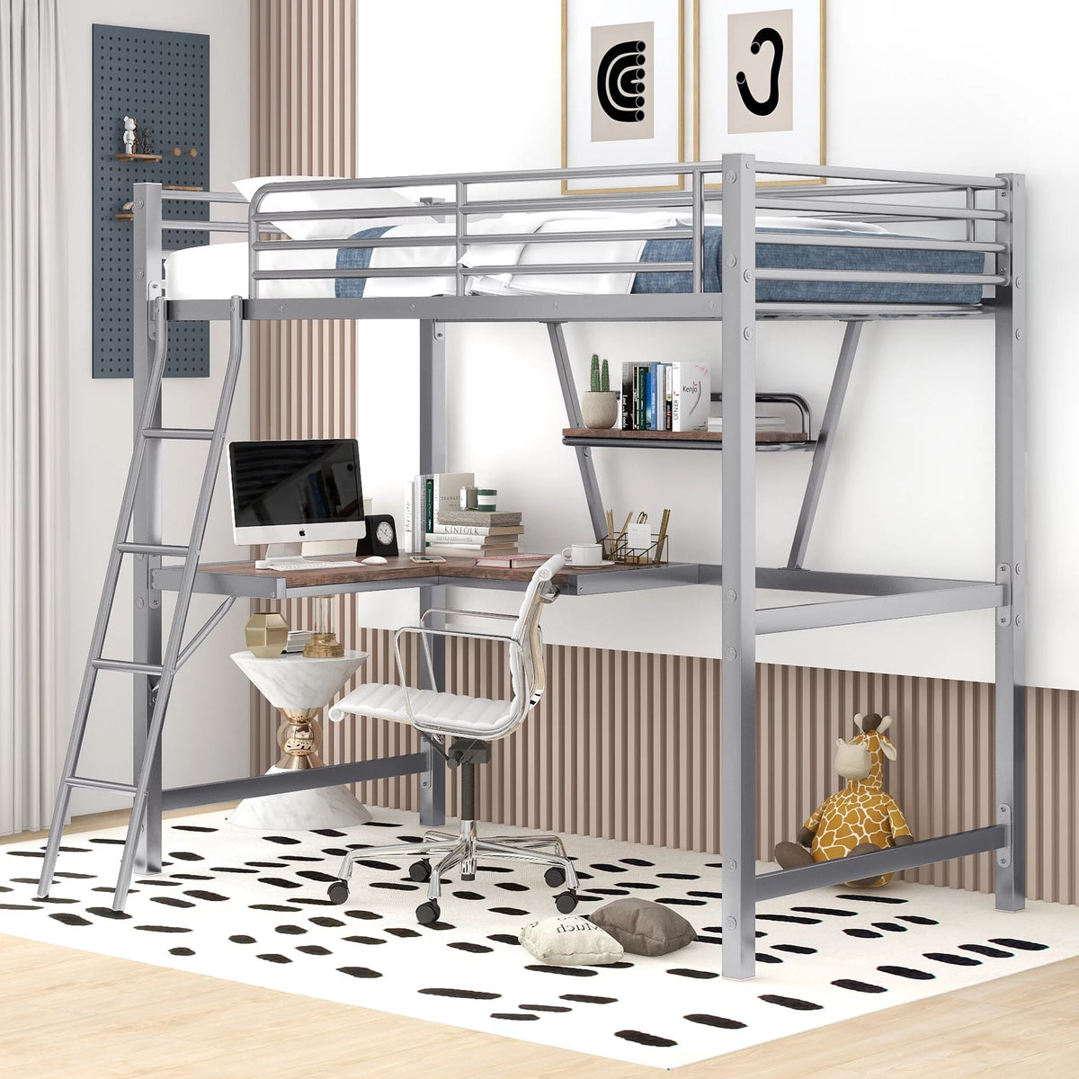 Twin Size Metal Loft Bed with Desk and Storage Shelf X305