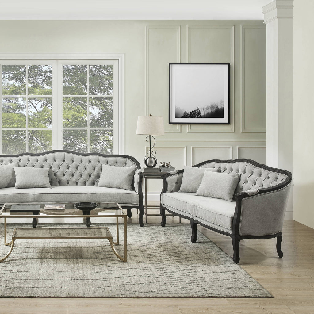 Linen Loveseat with Wooden Leg and 2 Pillows I376