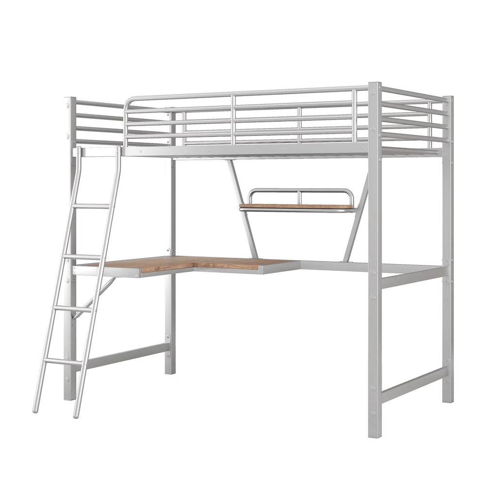 Twin Size Metal Loft Bed with Desk and Storage Shelf X305