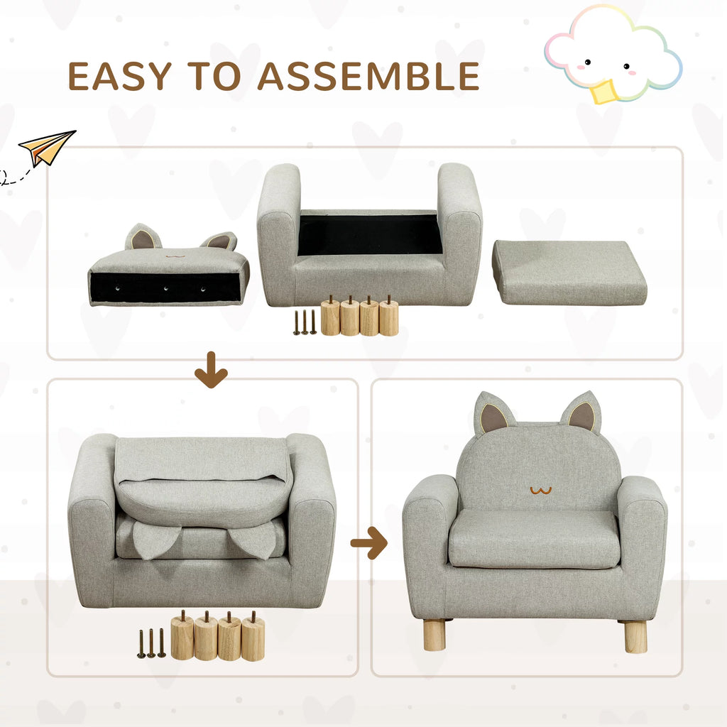 Grey Kids Sofa with Cat Ear Backrest and Wooden Legs T4514