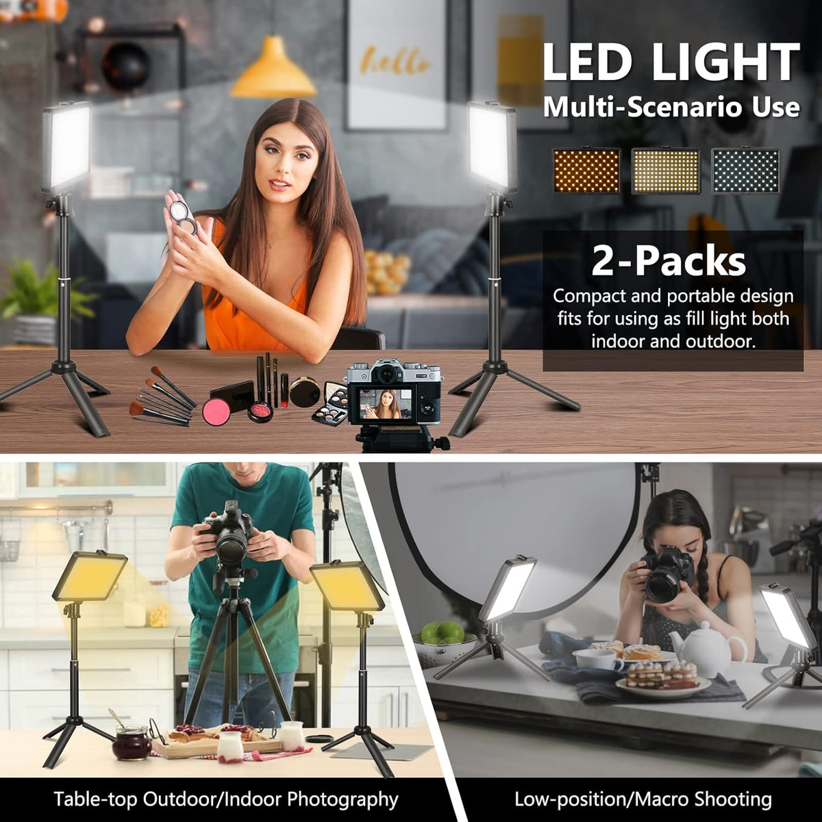 2 Pack LED Video Light Panel with Adjustable Tripod Stand and 4 Color Filters I964