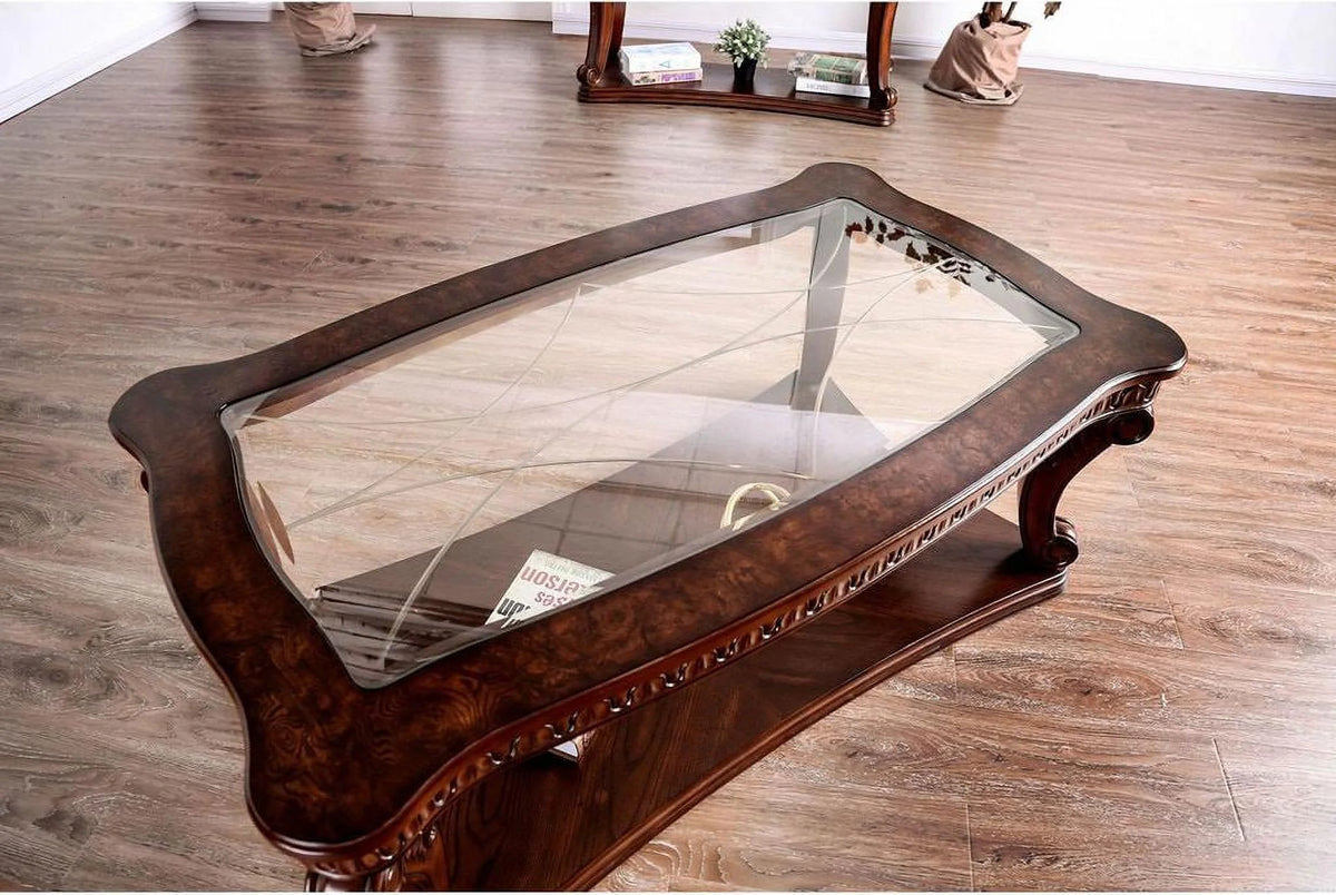 Dark Oak Tempered Glass Top Coffee Table Set 3pcs M2720
