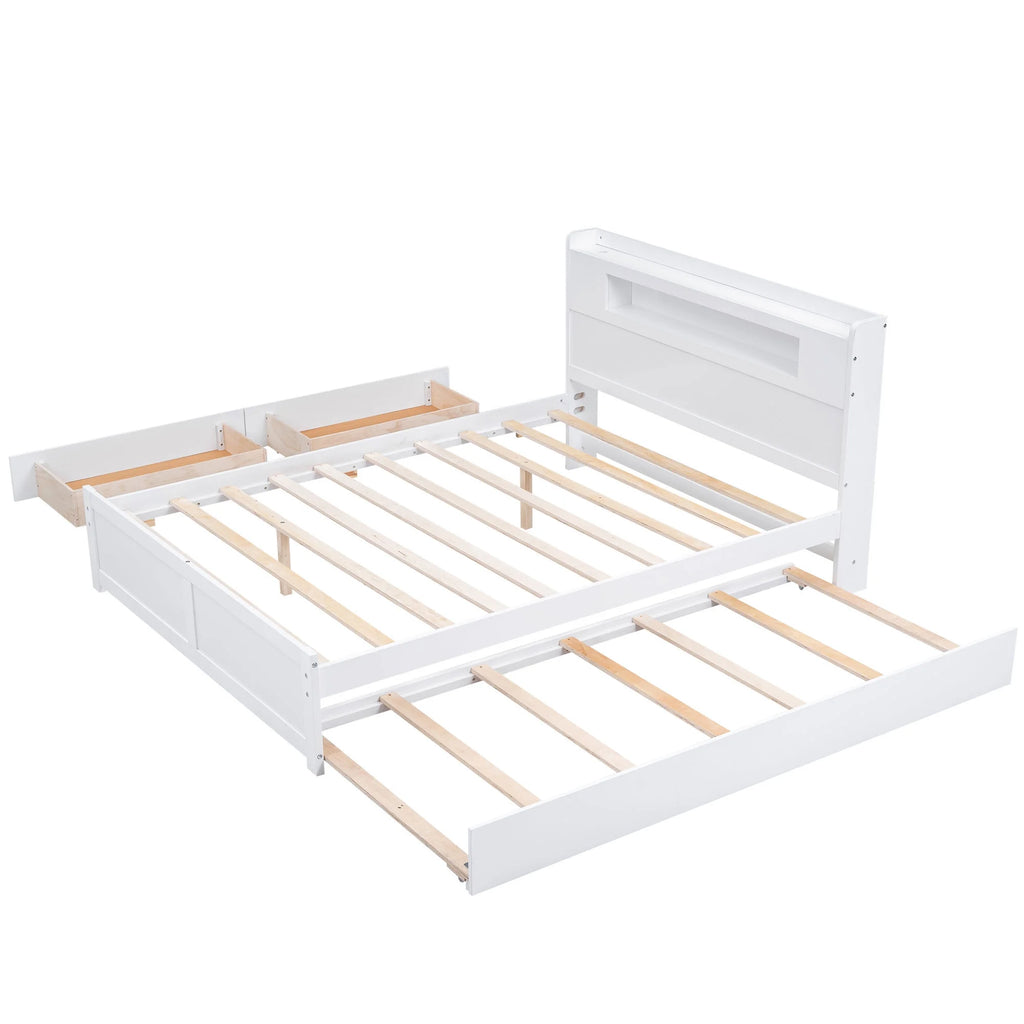 Queen Size White Wood Storage Platform Bed with 2 Drawers and Trundle L789197