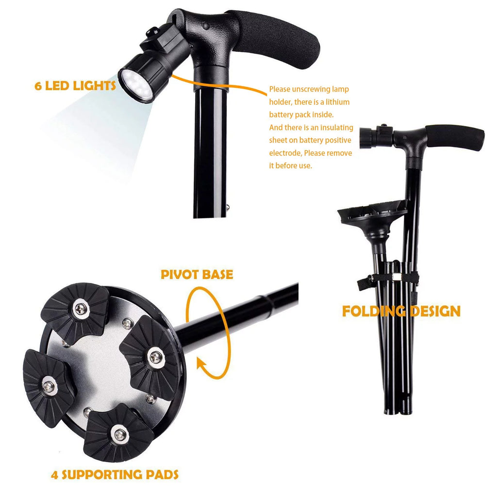 Folding Adjustable Cane with LED Light and Cushion T Handle C84639