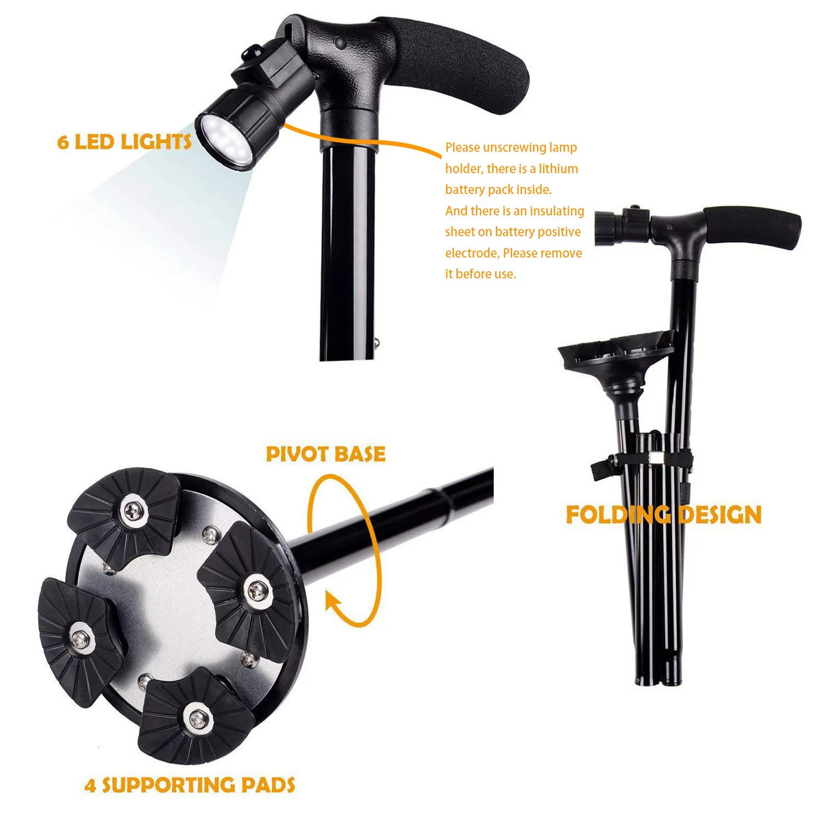 Folding Adjustable Cane with LED Light and Cushion T Handle C84639