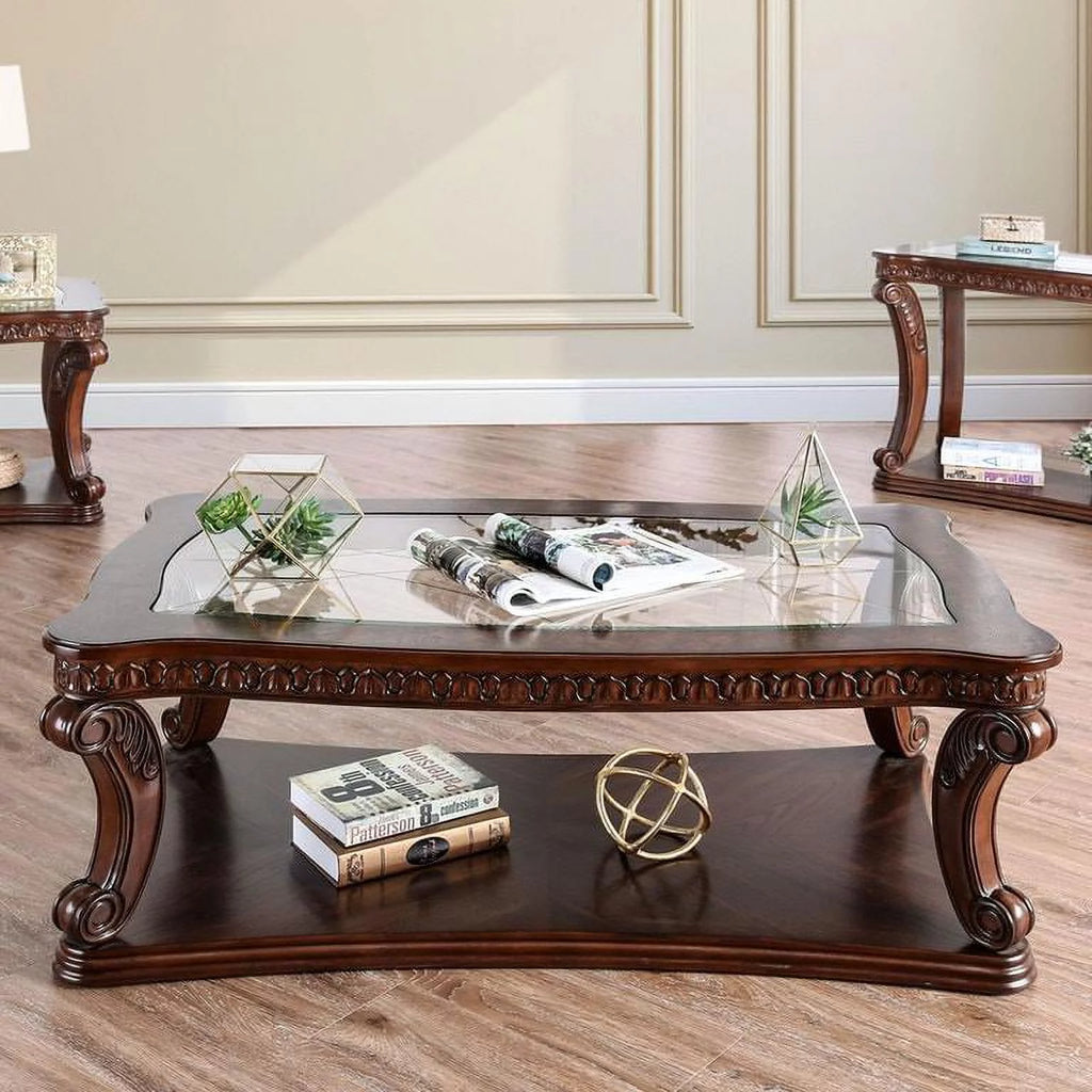 Dark Oak Tempered Glass Top Coffee Table Set 3pcs M2720