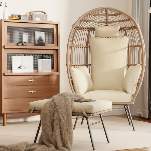 Oversized Grey Wicker Egg Chair with Ottoman C827