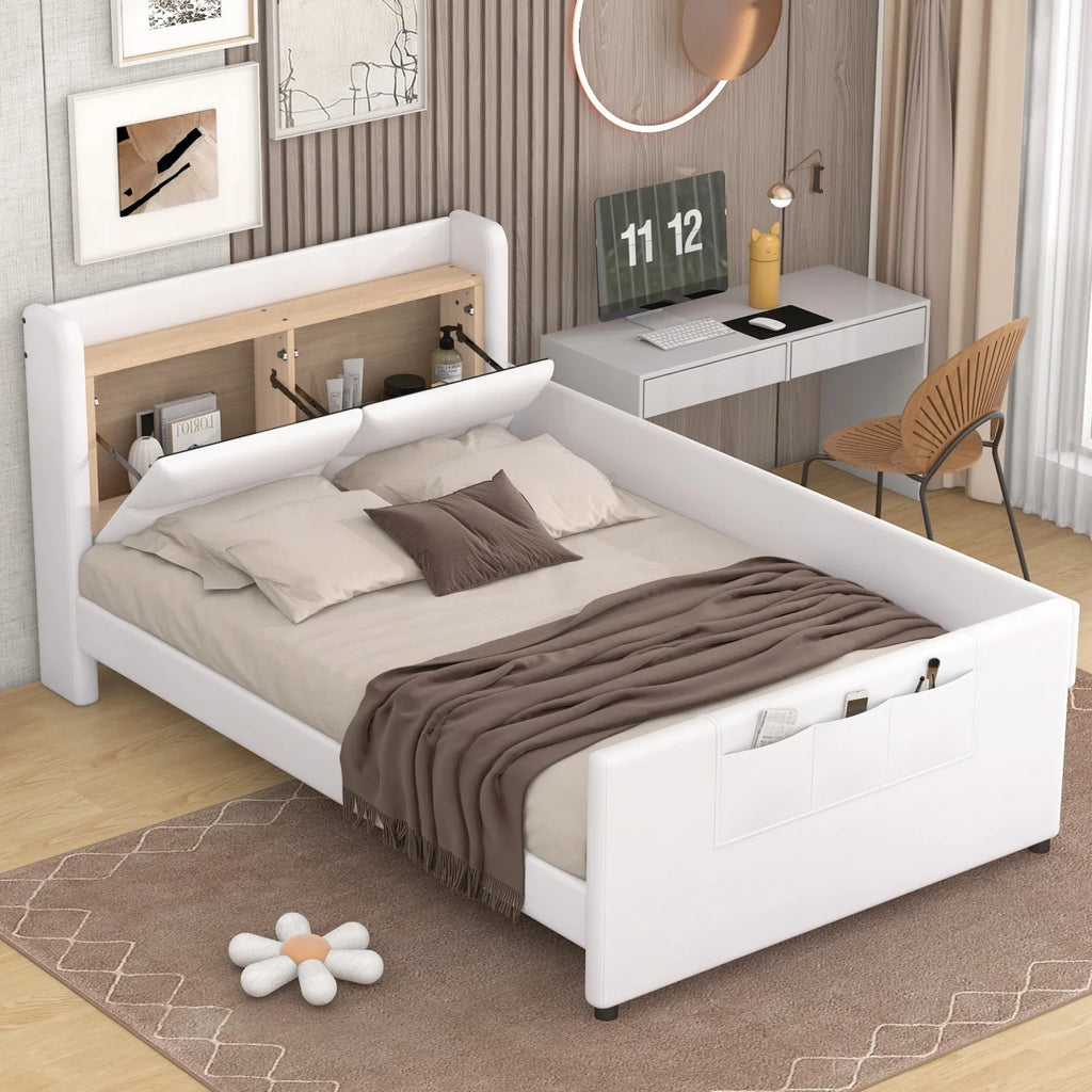 Twin Size Upholstered Platform Bed with Guardrail and Storage Headboard T1300