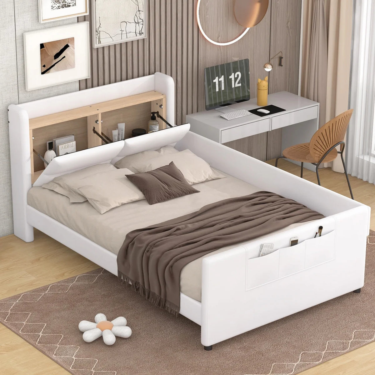 Twin Size Upholstered Platform Bed with Guardrail and Storage Headboard T1300
