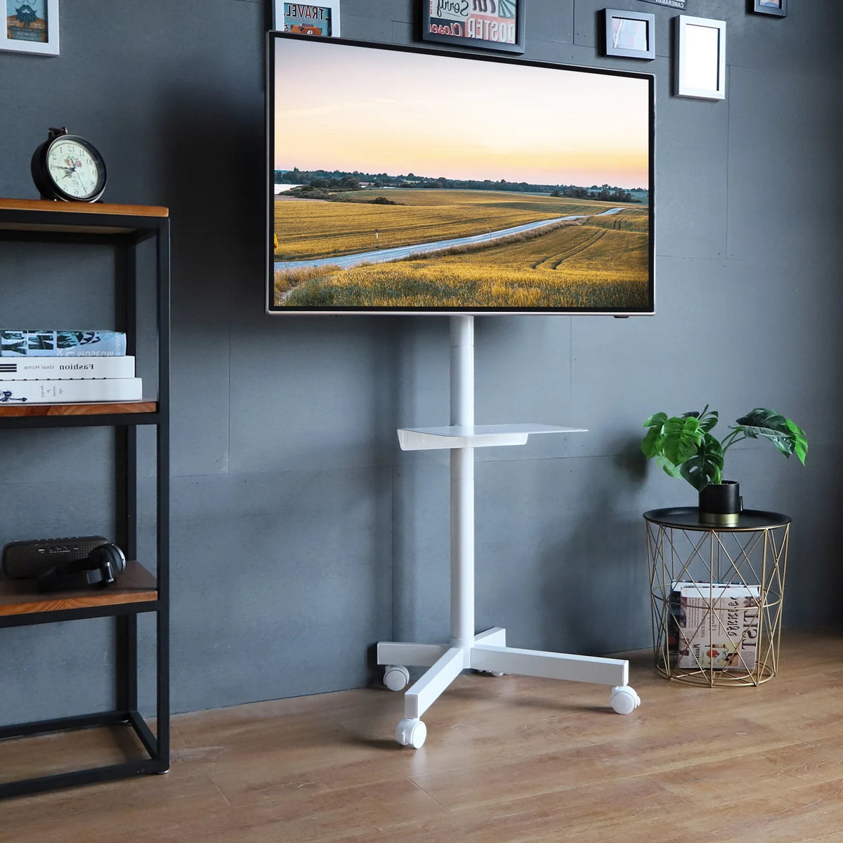 White TV Stand with Wheels J430
