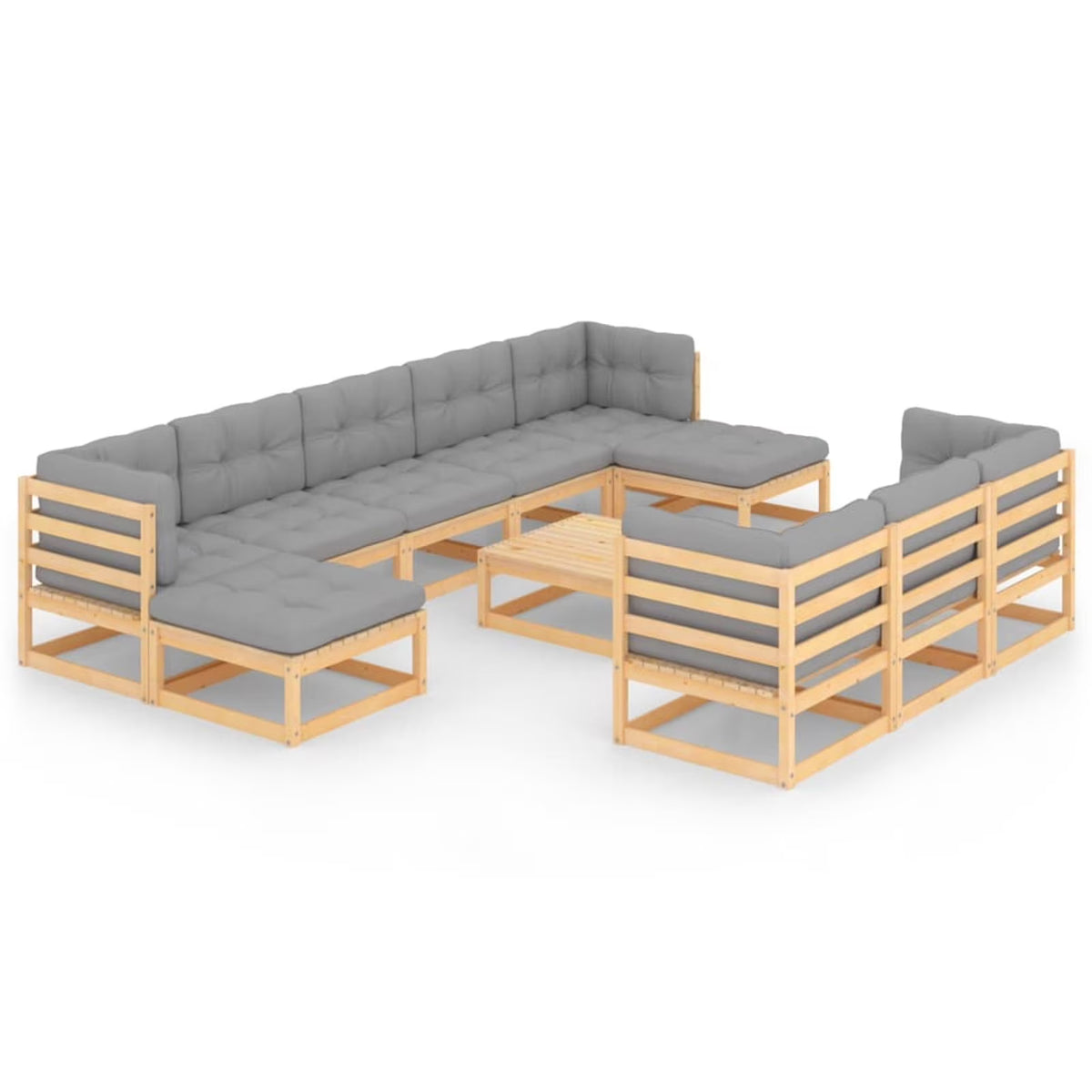 11 Piece Patio Lounge Set with Gray Cushion Pinewood Sectional Outdoor Furniture Set N44132