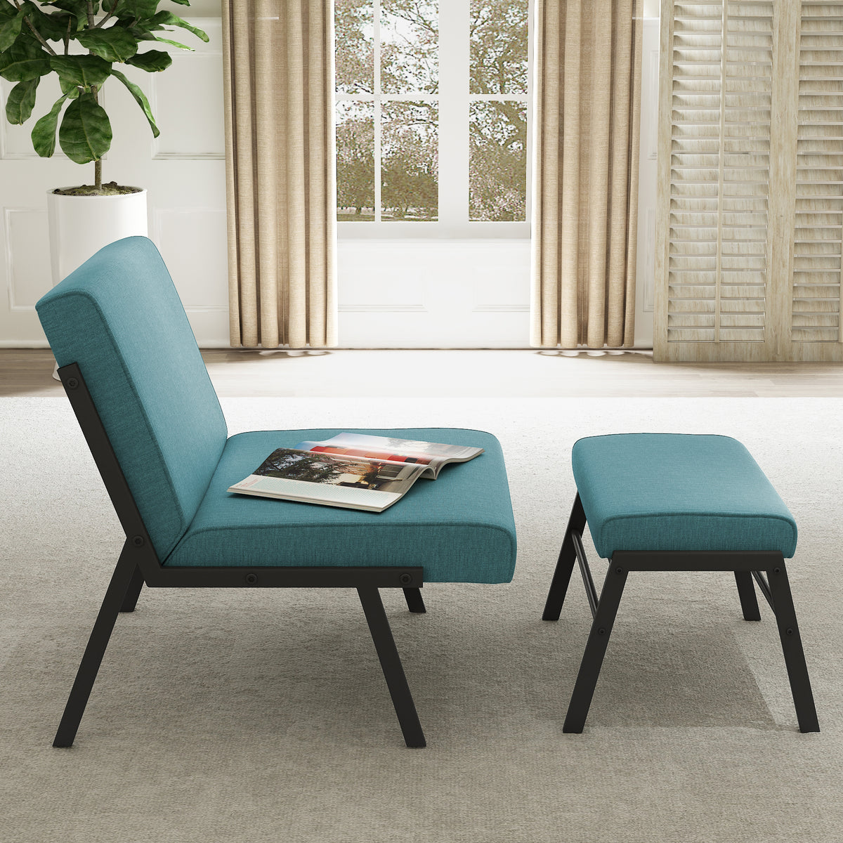 Green Linen Accent Chair with Ottoman I2378