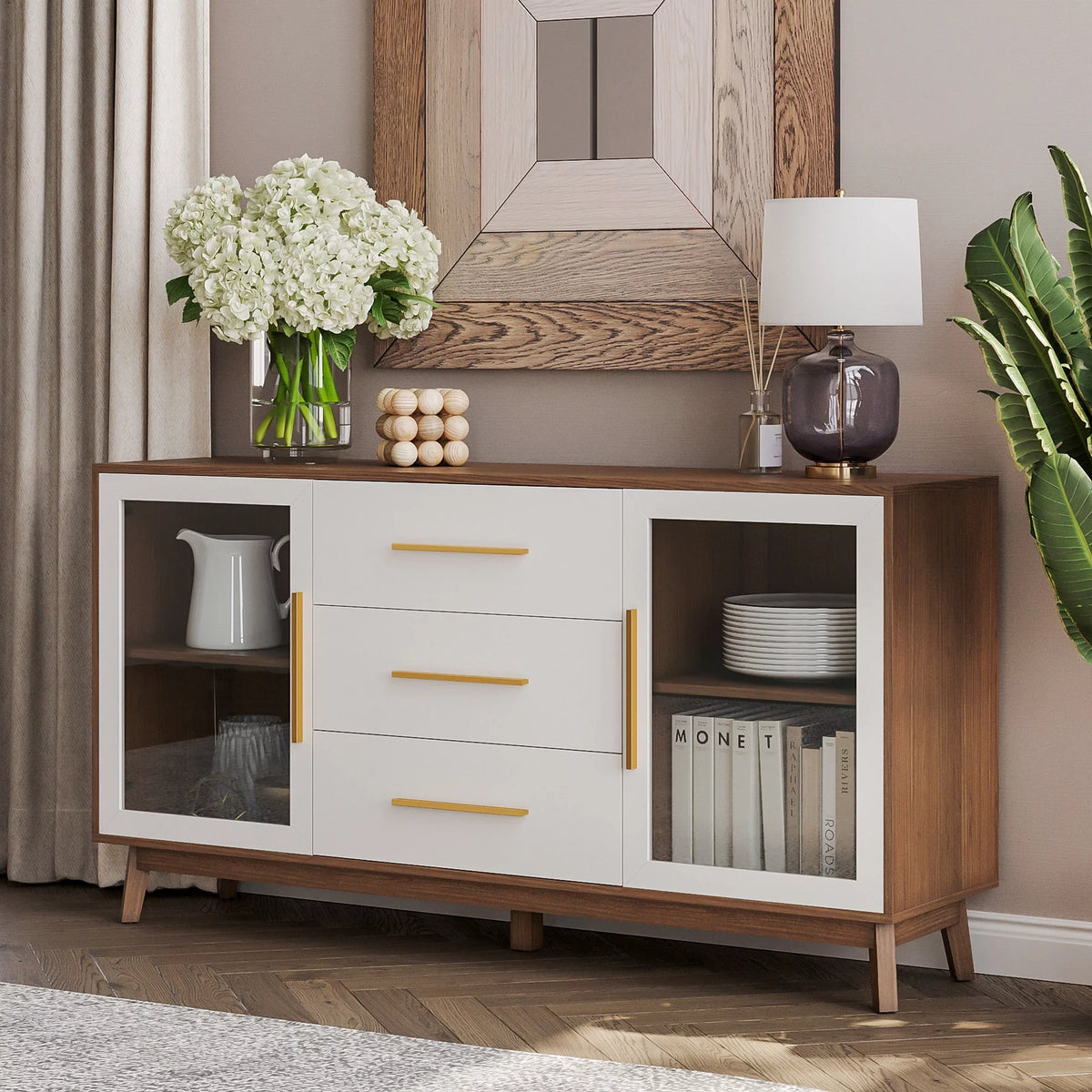White Sideboard Buffet Cabinet with 3 Drawers & 2 Doors Y655701