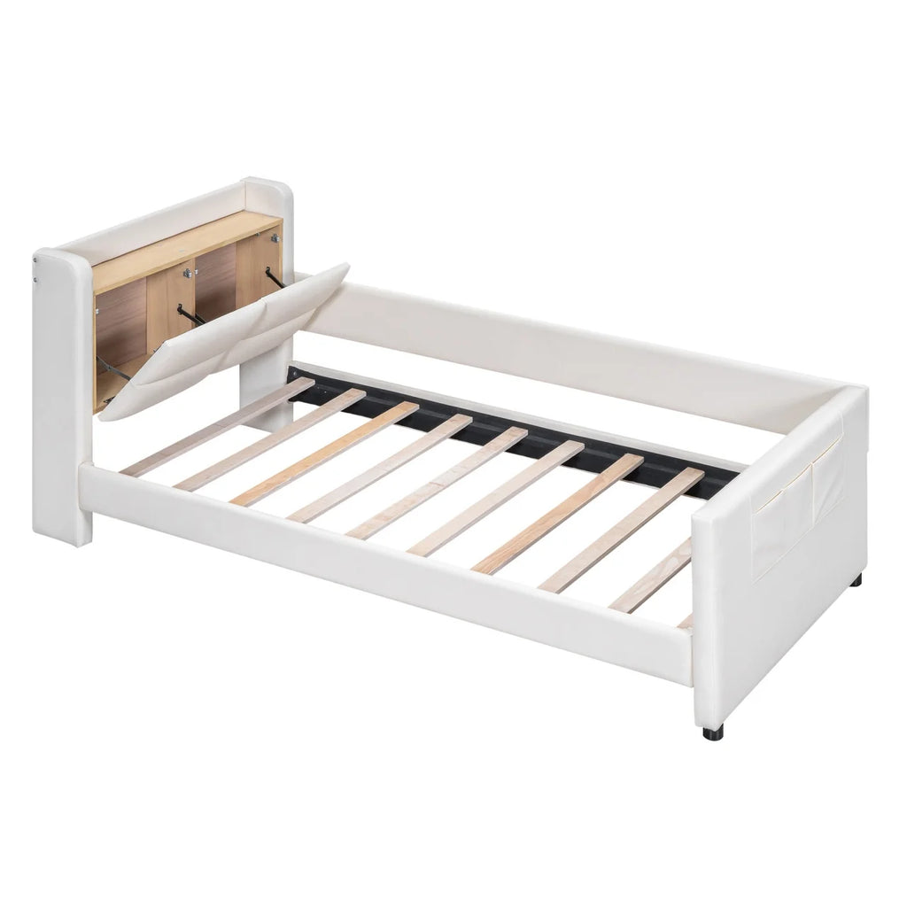 Twin Size Upholstered Platform Bed with Guardrail and Storage Headboard T1300