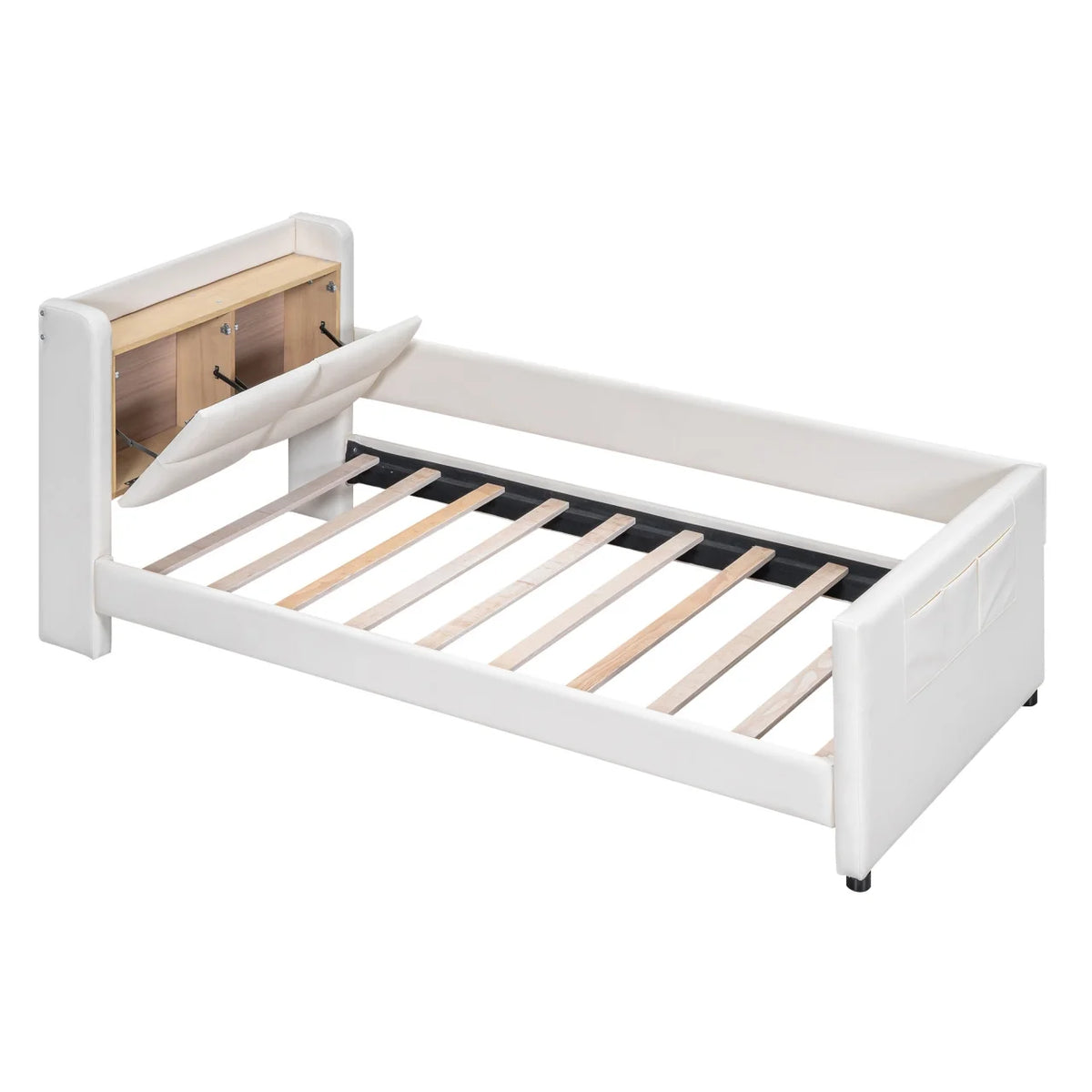 Twin Size Upholstered Platform Bed with Guardrail and Storage Headboard T1300