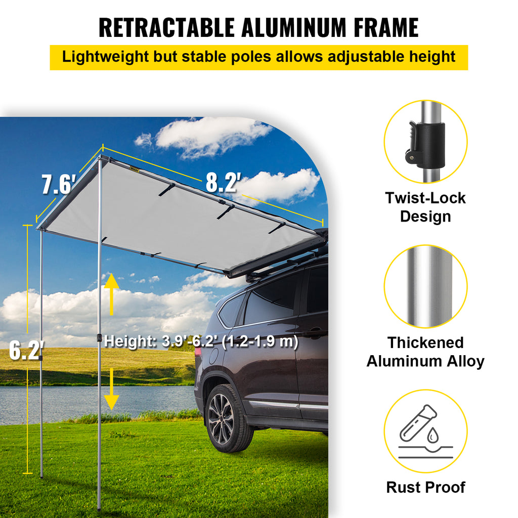 Retractable Waterproof SUV Rooftop Car Awning Grey 7.6'x8.2' L6946