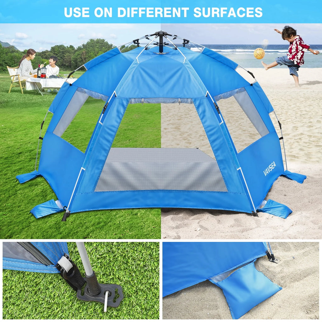 2-4 Person Pop-up Beach Tent UPF 50+ UV Protection Portable Waterproof Sunshade Blue A535