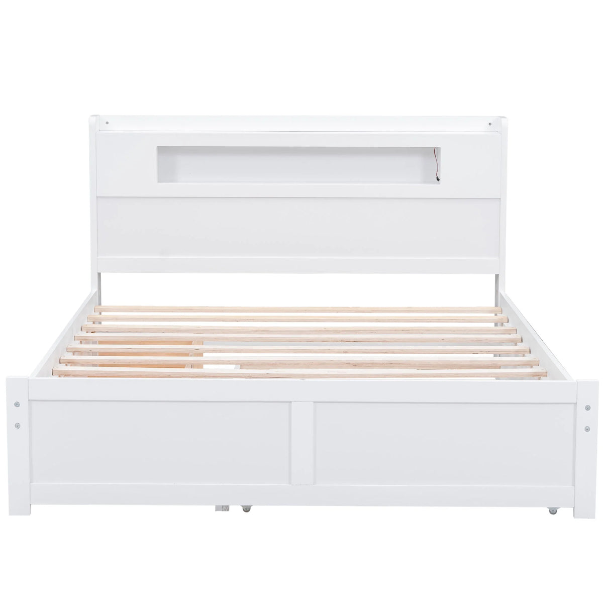 Queen Size White Wood Storage Platform Bed with 2 Drawers and Trundle L789197