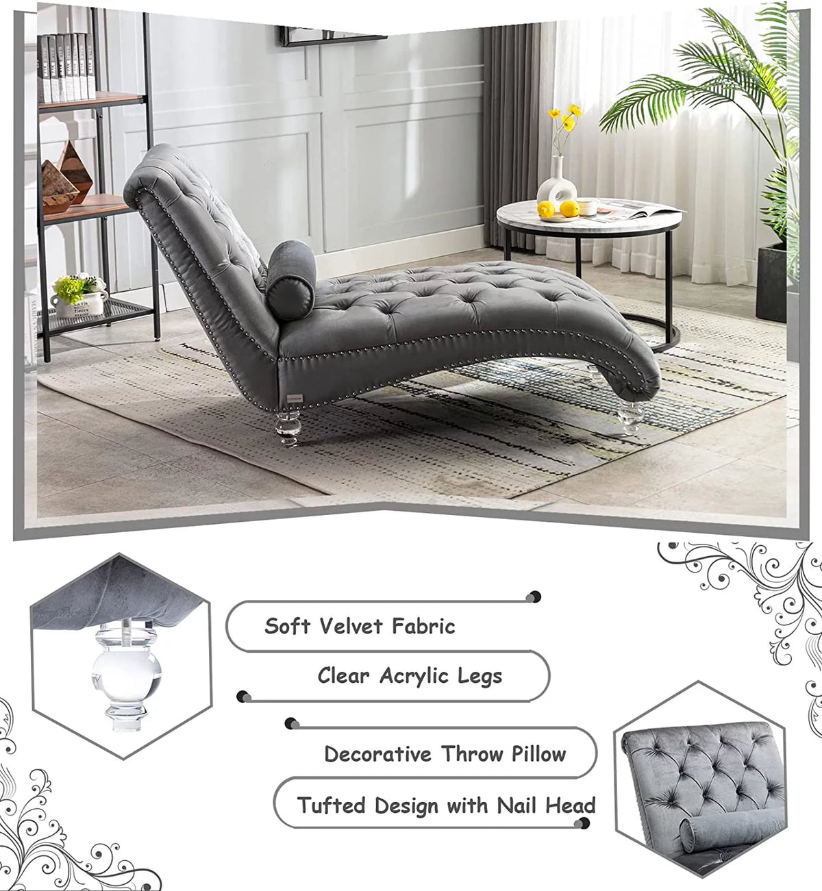 Gray Velvet Upholstered Chaise Lounge K165