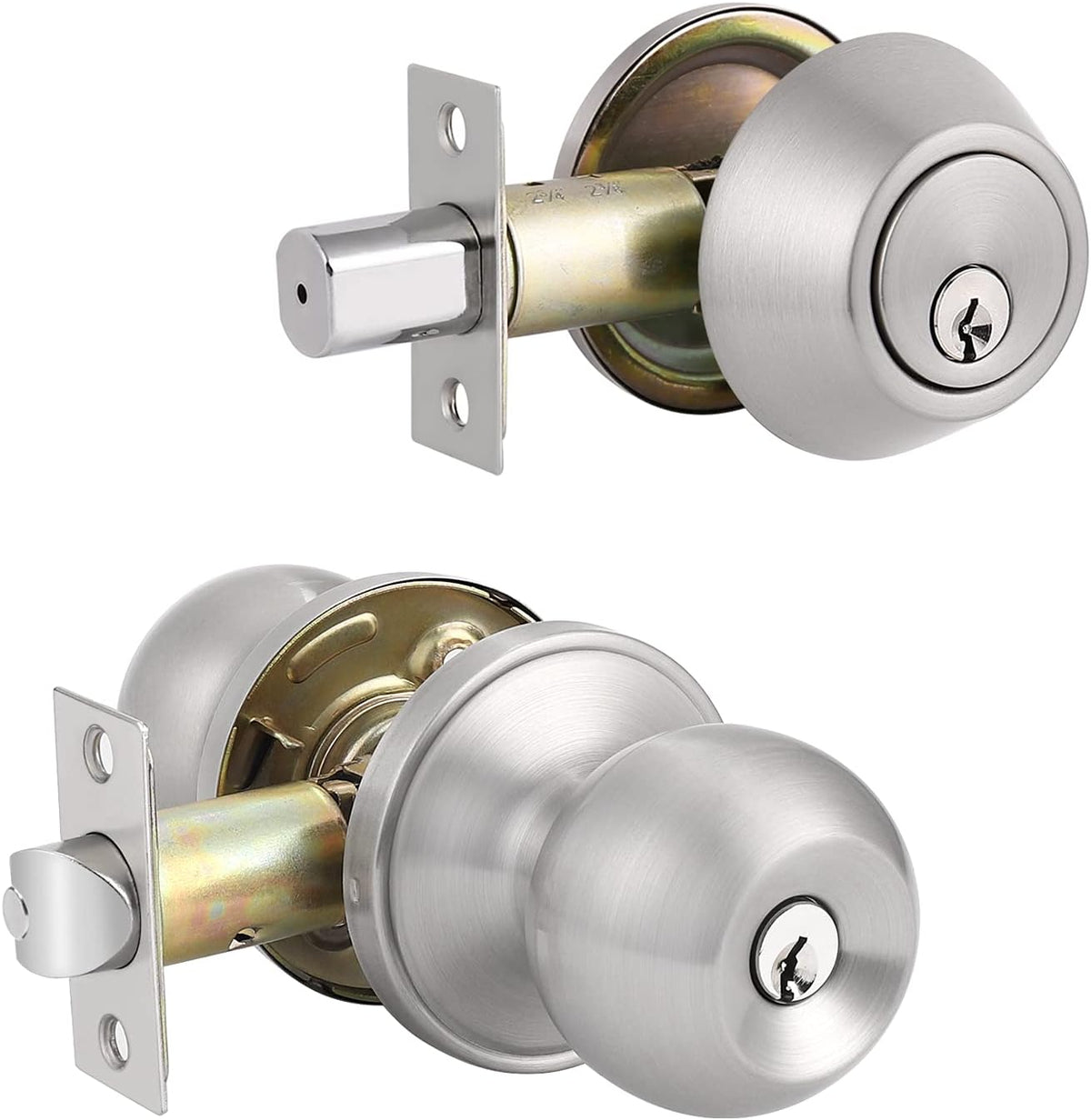 Entry Door Knobs with Single Cylinder Deadbolt, Satin Nickel Finish, Pack of 2 S968