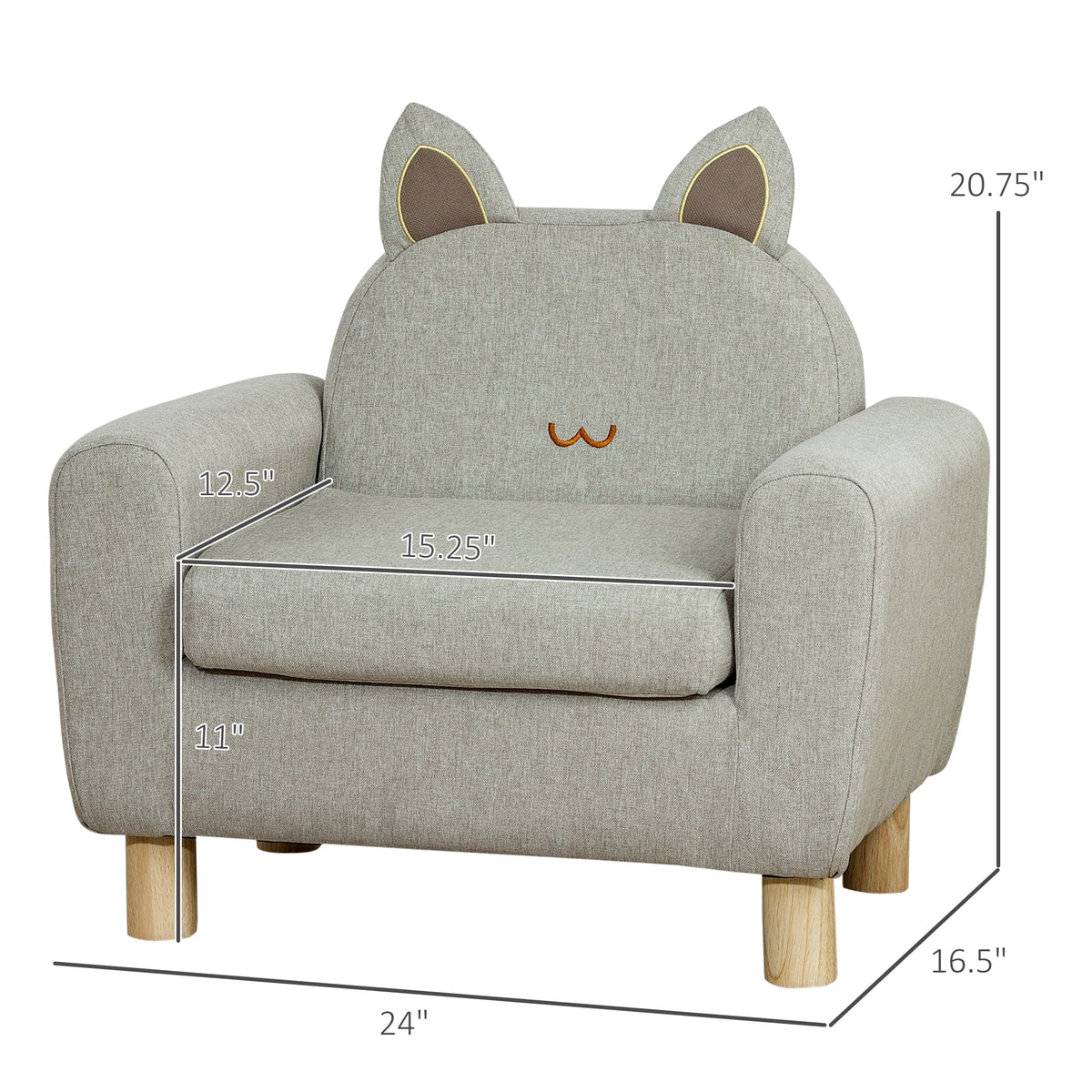 Grey Kids Sofa with Cat Ear Backrest and Wooden Legs T4514