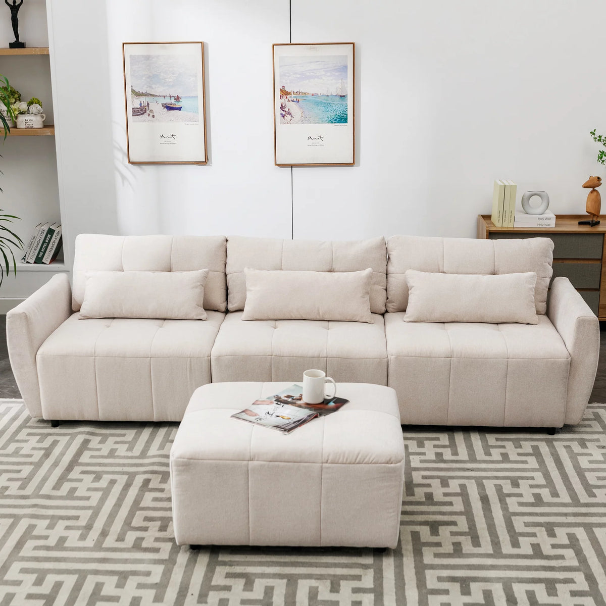 Beige Chenille L Shaped Sectional Sofa with Ottoman A770980