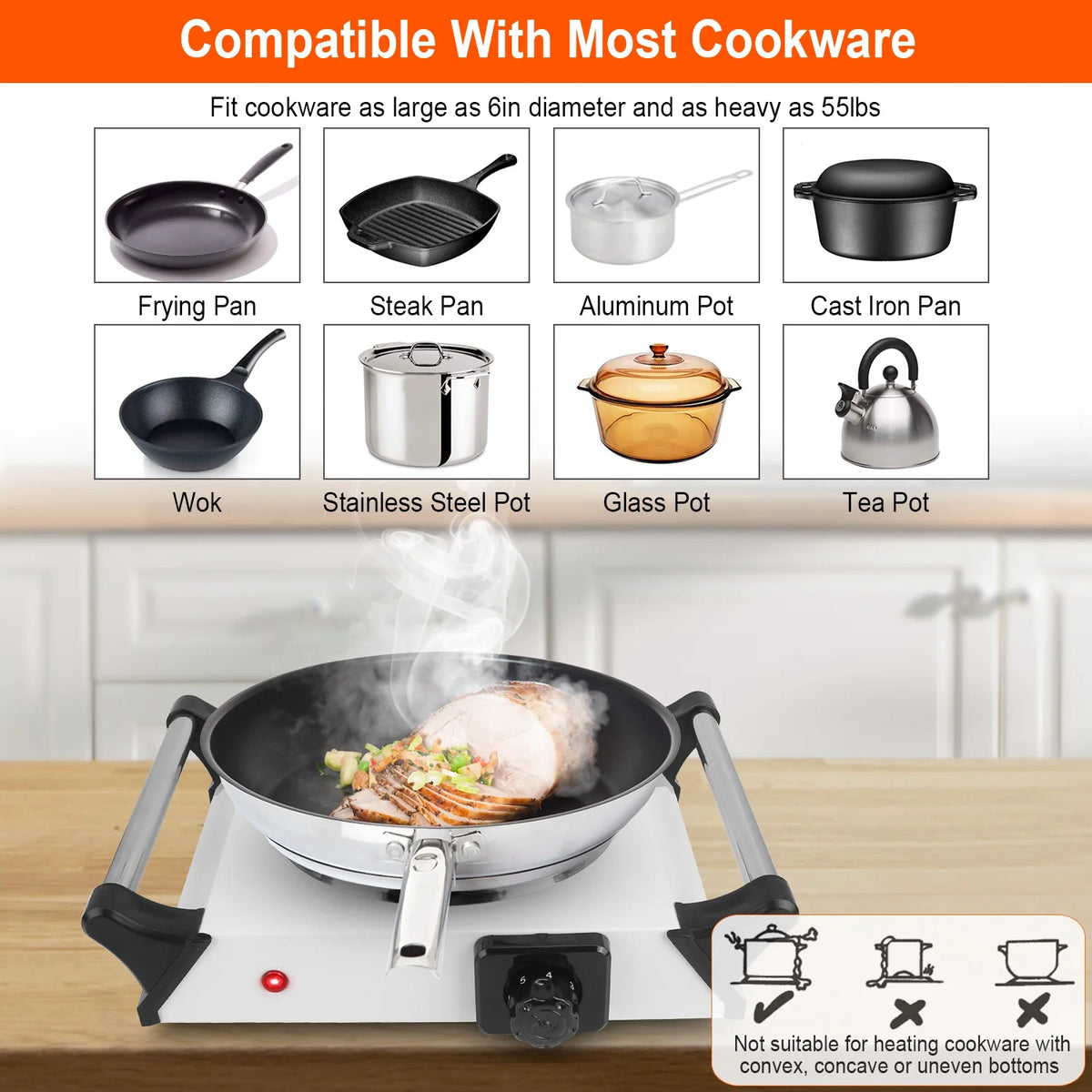 1000W Electric Single Burner Portable Hot Plate with 5 Temperature Adjustments V8926