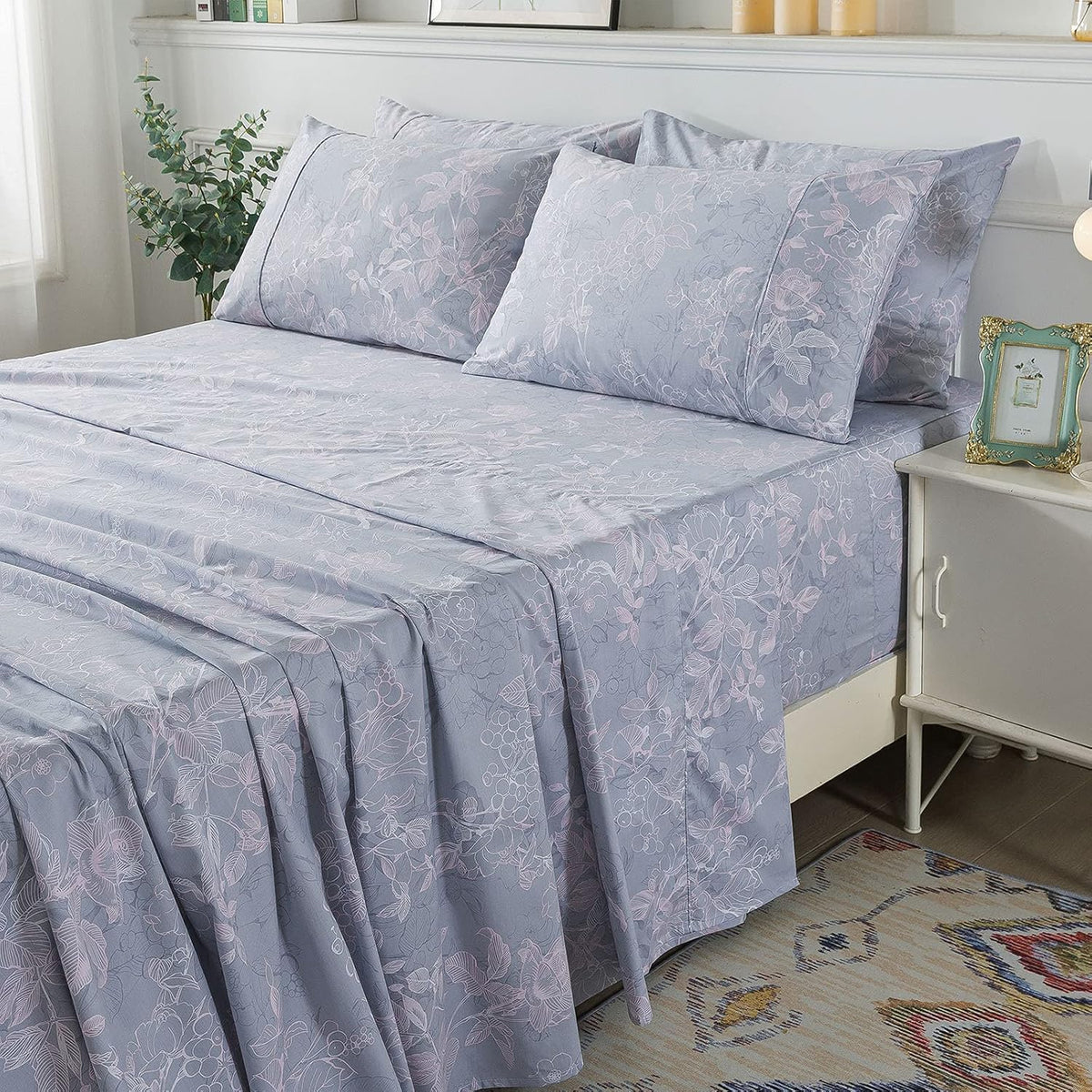 White Printed Cotton Bed Sheets, 4 Pcs, Full C42503