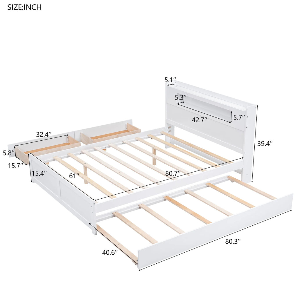Queen Size White Wood Storage Platform Bed with 2 Drawers and Trundle L789197