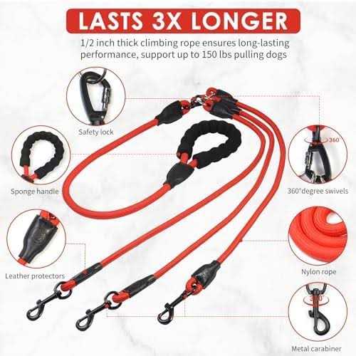Heavy Duty 3 Way No Tangle Dog Leash with Padded Handle T862990