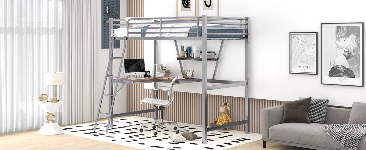 Twin Size Metal Loft Bed with Desk and Storage Shelf X305