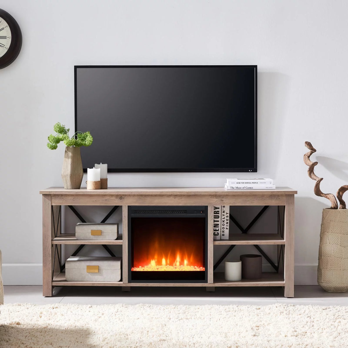 White Oak Electric Fireplace TV Stand with 2 Doors M6004