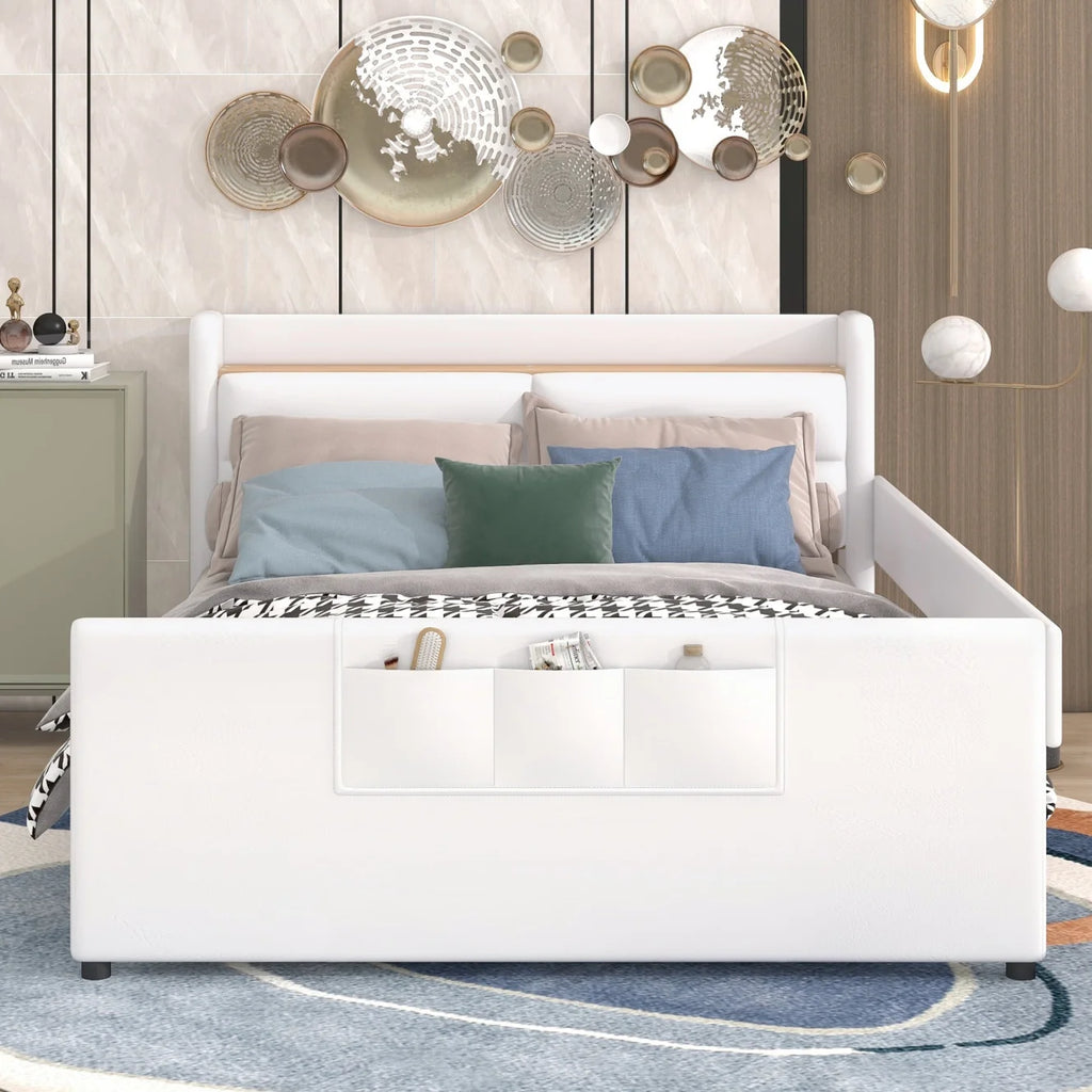 Twin Size Upholstered Platform Bed with Guardrail and Storage Headboard T1300