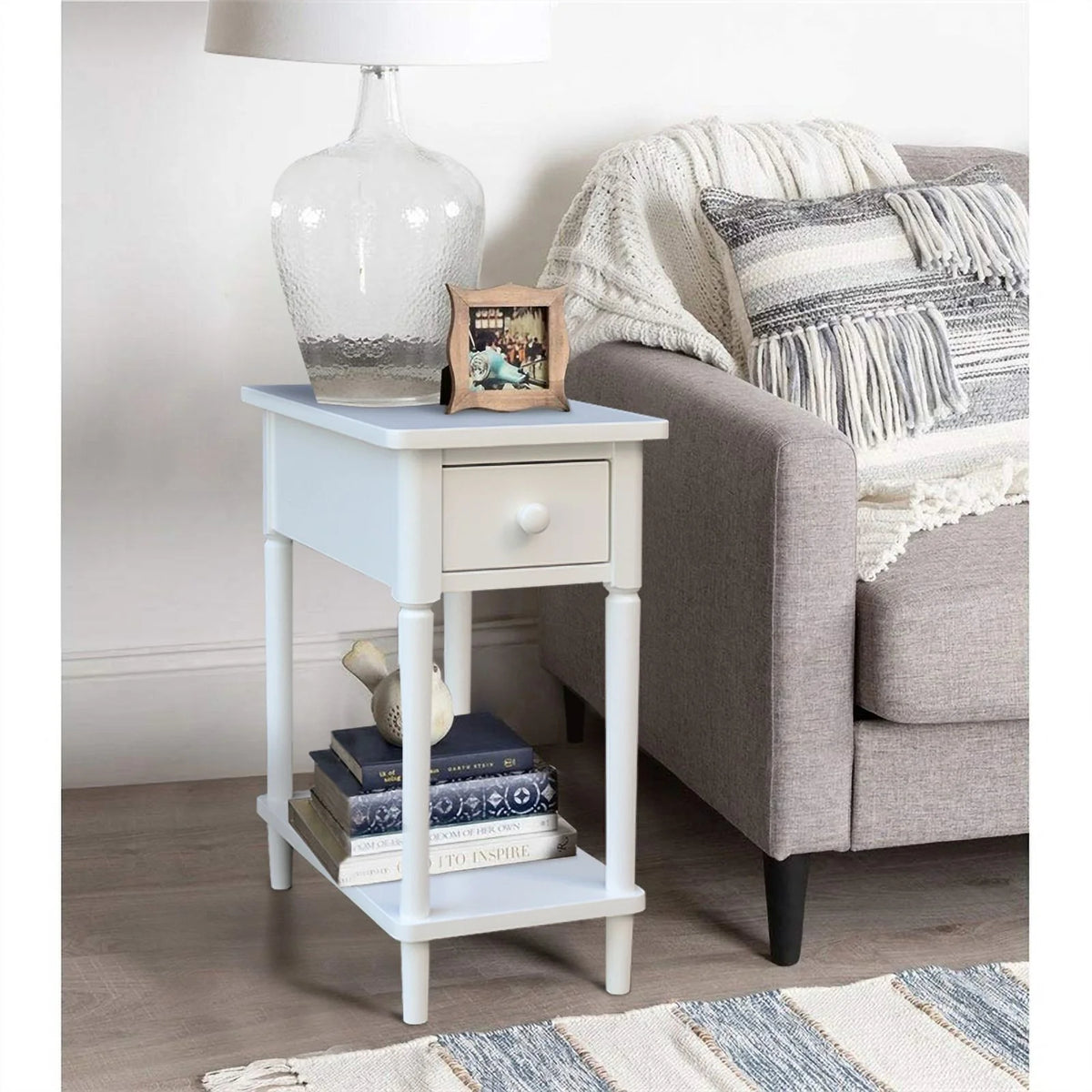 White Narrow Solid Wood Side Table B2162