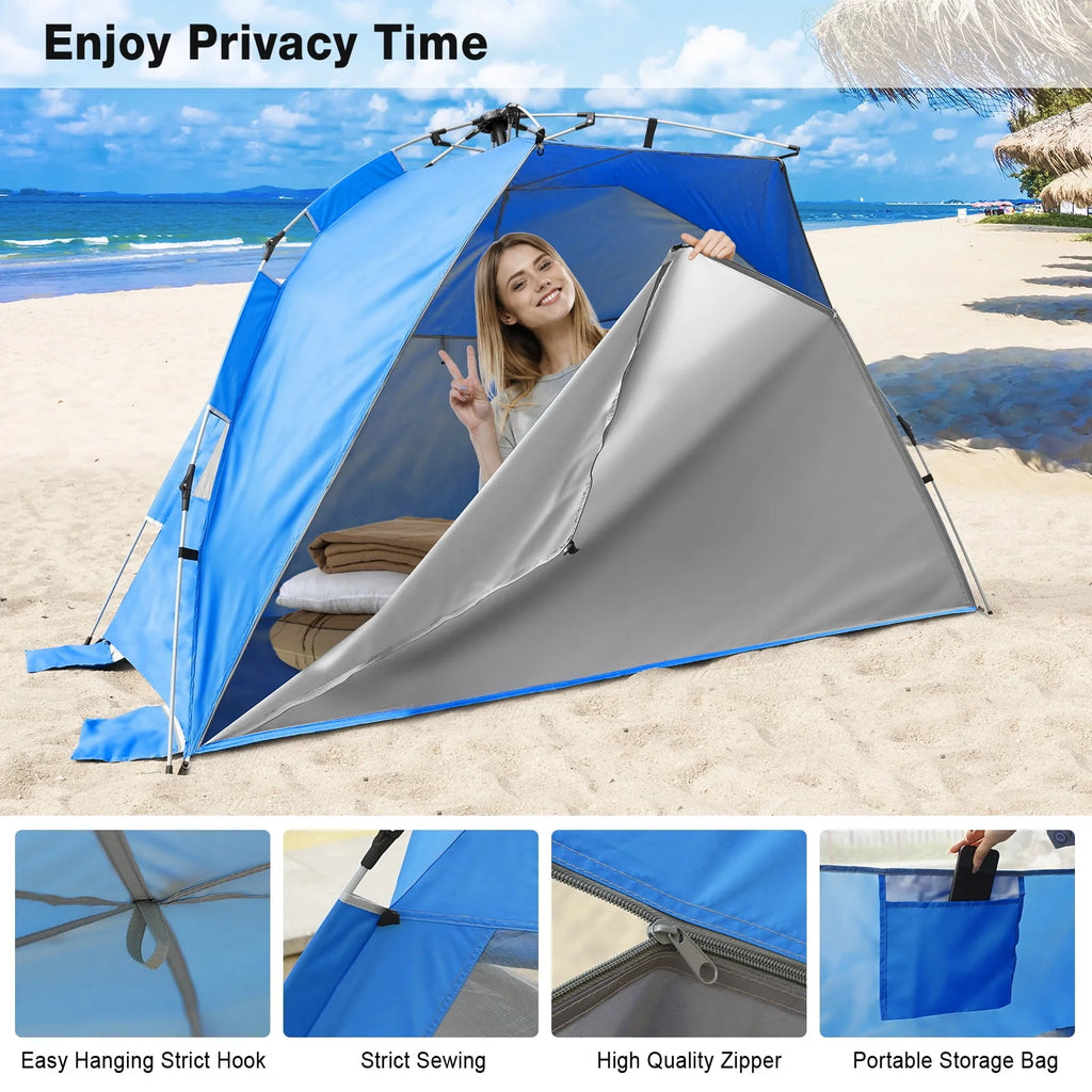 2-4 Person Pop-up Beach Tent UPF 50+ UV Protection Portable Waterproof Sunshade Blue A535