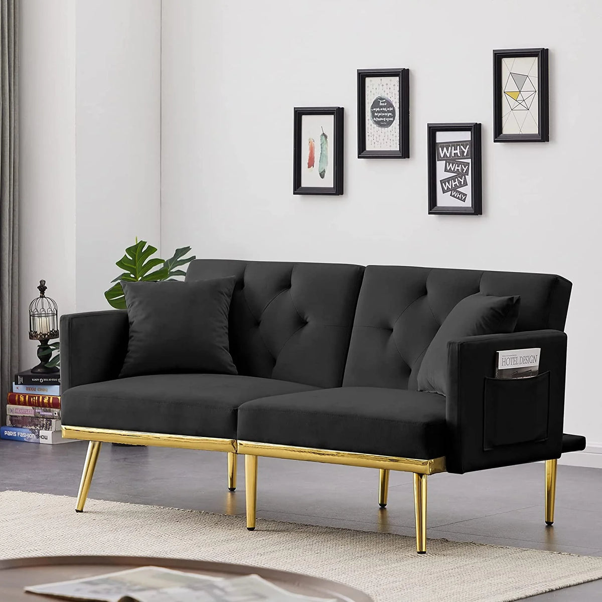 Convertible Velvet Sofa Bed with 2 Pillows F7540