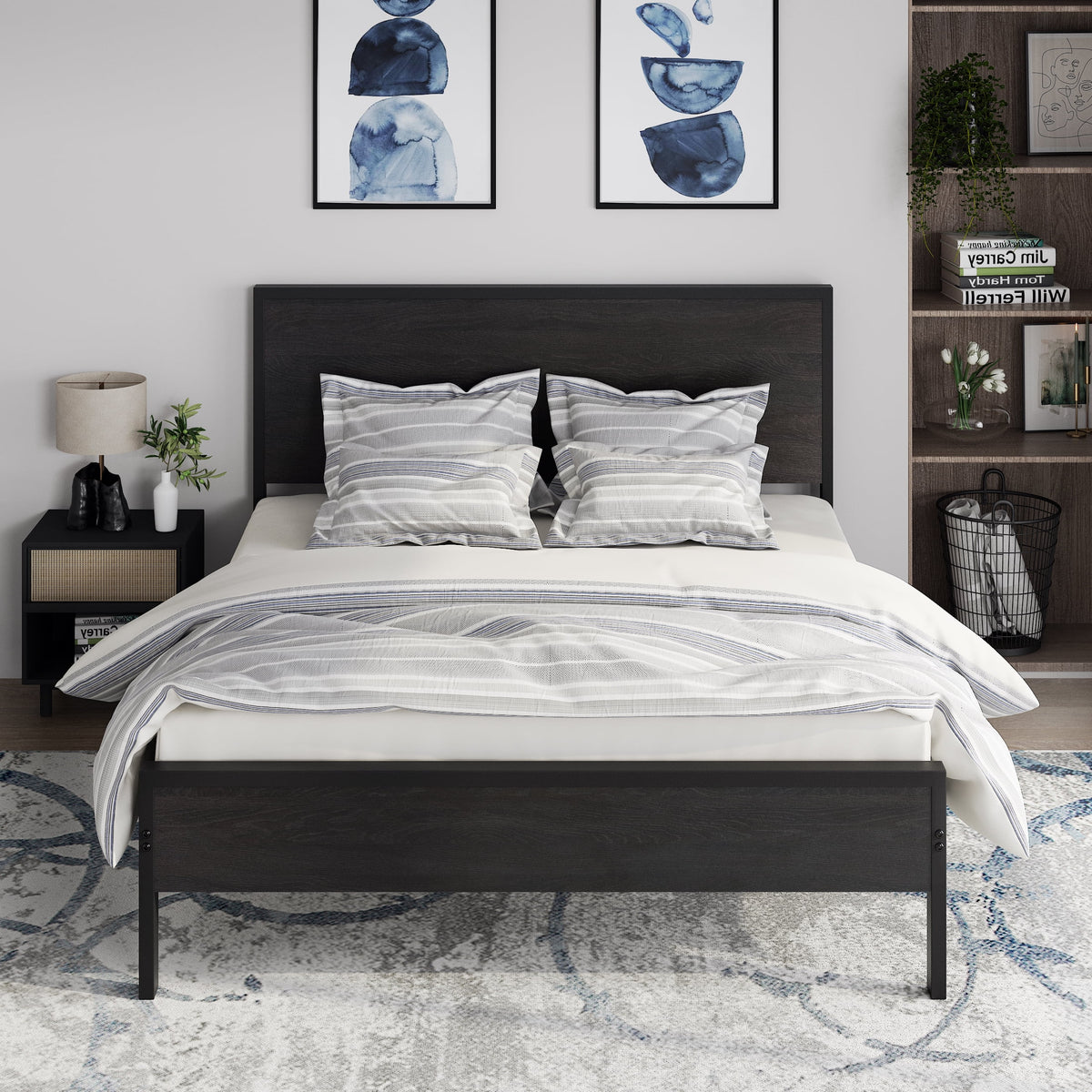 Full Size Heavy Duty Bed Frame with Black Oak Headboard J213894