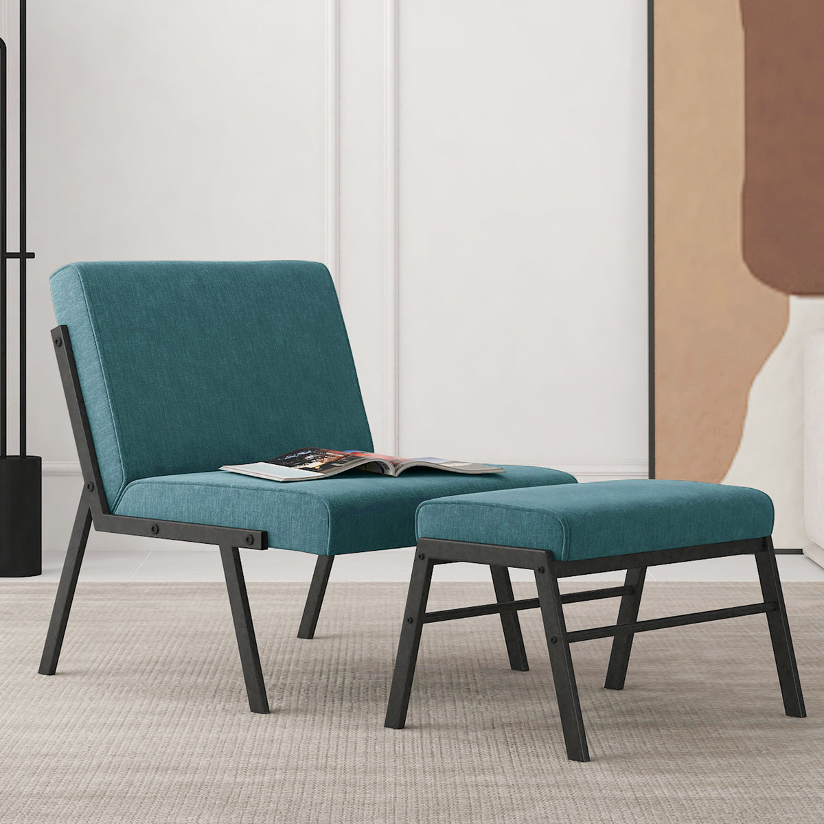 Green Linen Accent Chair with Ottoman I2378