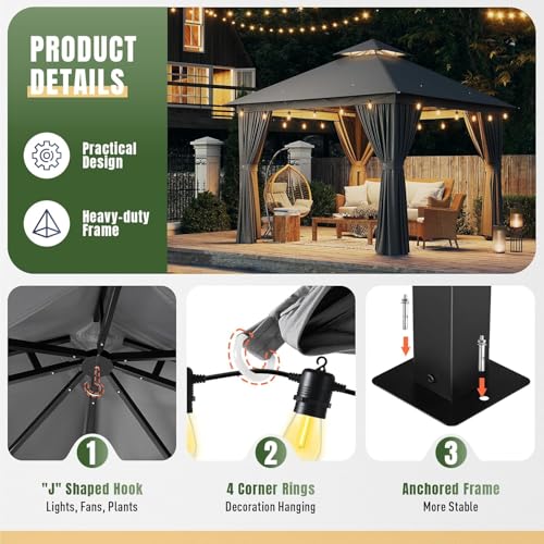 10x12 Metal Gazebo with Mosquito Netting and Privacy Screen O5380