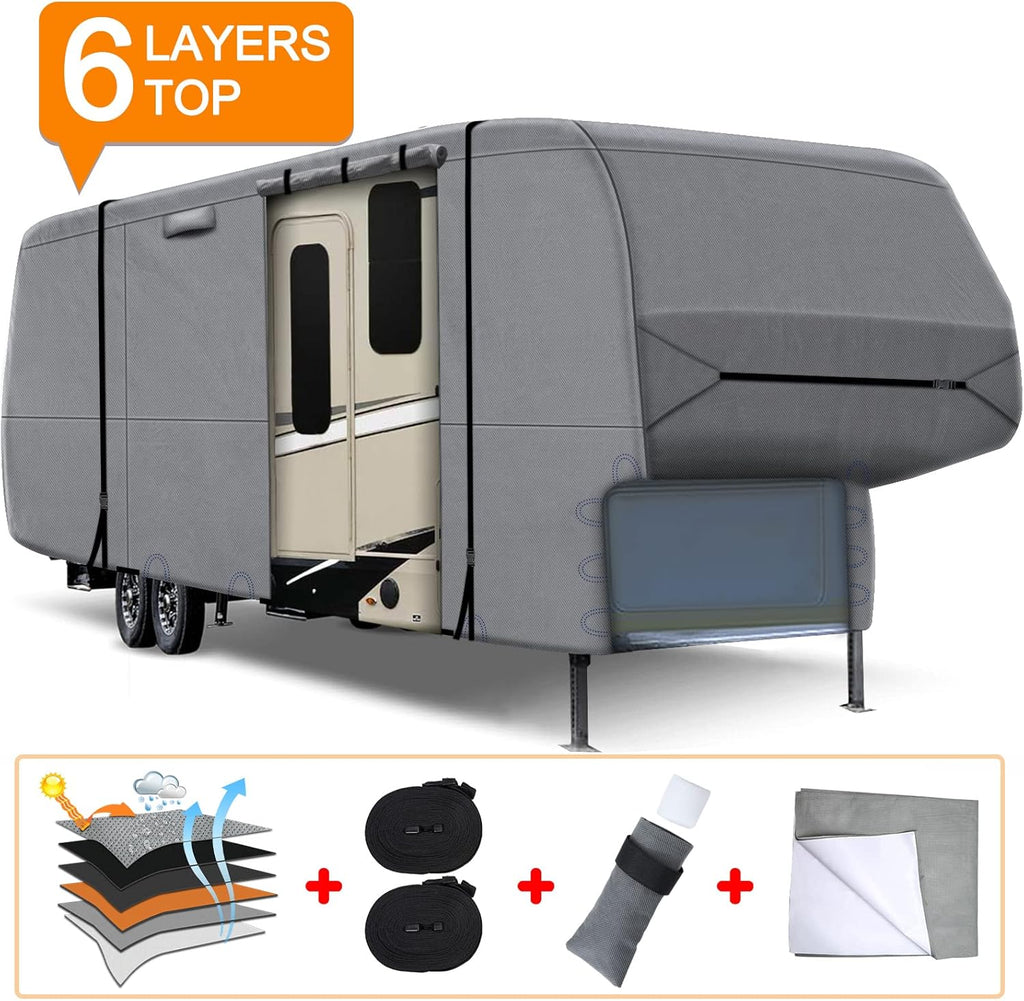 6 Layers Top 5th Wheel RV Cover Anti-UV Camper Cover Breathable Rip-Stop with 2Pcs Extra Straps & Gutter Spout Covers G888
